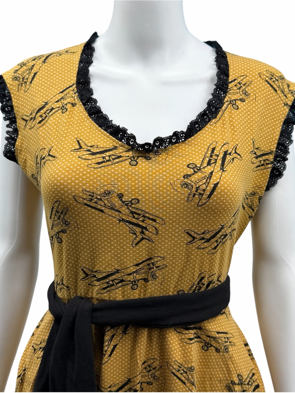 Effie’s Heart Airplane Print Fit & Flare Dress Mustard Black - Picture 2 of 6